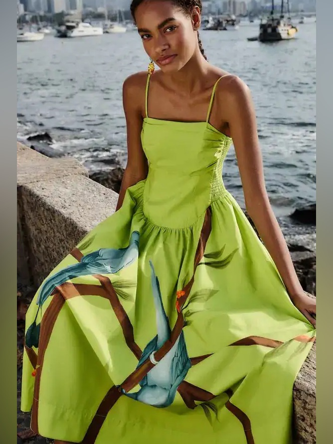 Nwt - Farm Rio Green Birds Smocked Maxi Dress